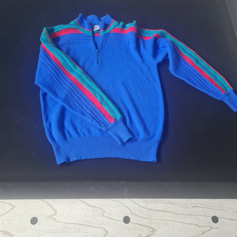 Meister Blue Sweater with Red and Green Stripes